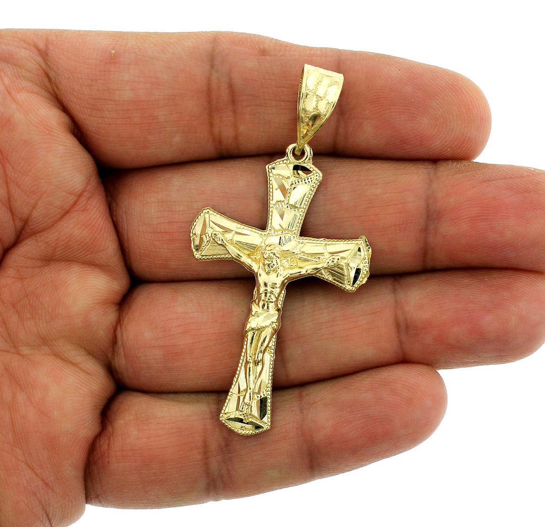 Real 10K Yellow Gold Nugget Cross Pendant Large Diamond Cut Jesus Crucifix Charm