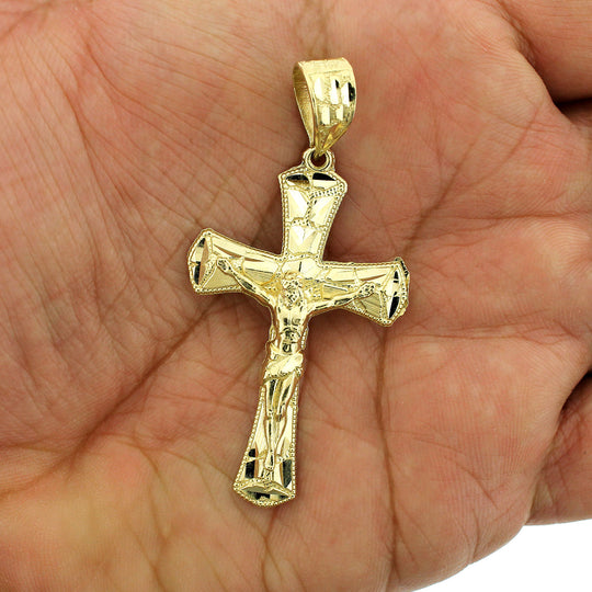 Real 10K Yellow Gold Nugget Cross Pendant Large Diamond Cut Jesus Crucifix Charm