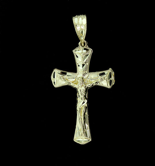 Real 10K Yellow Gold Nugget Cross Pendant Large Diamond Cut Jesus Crucifix Charm