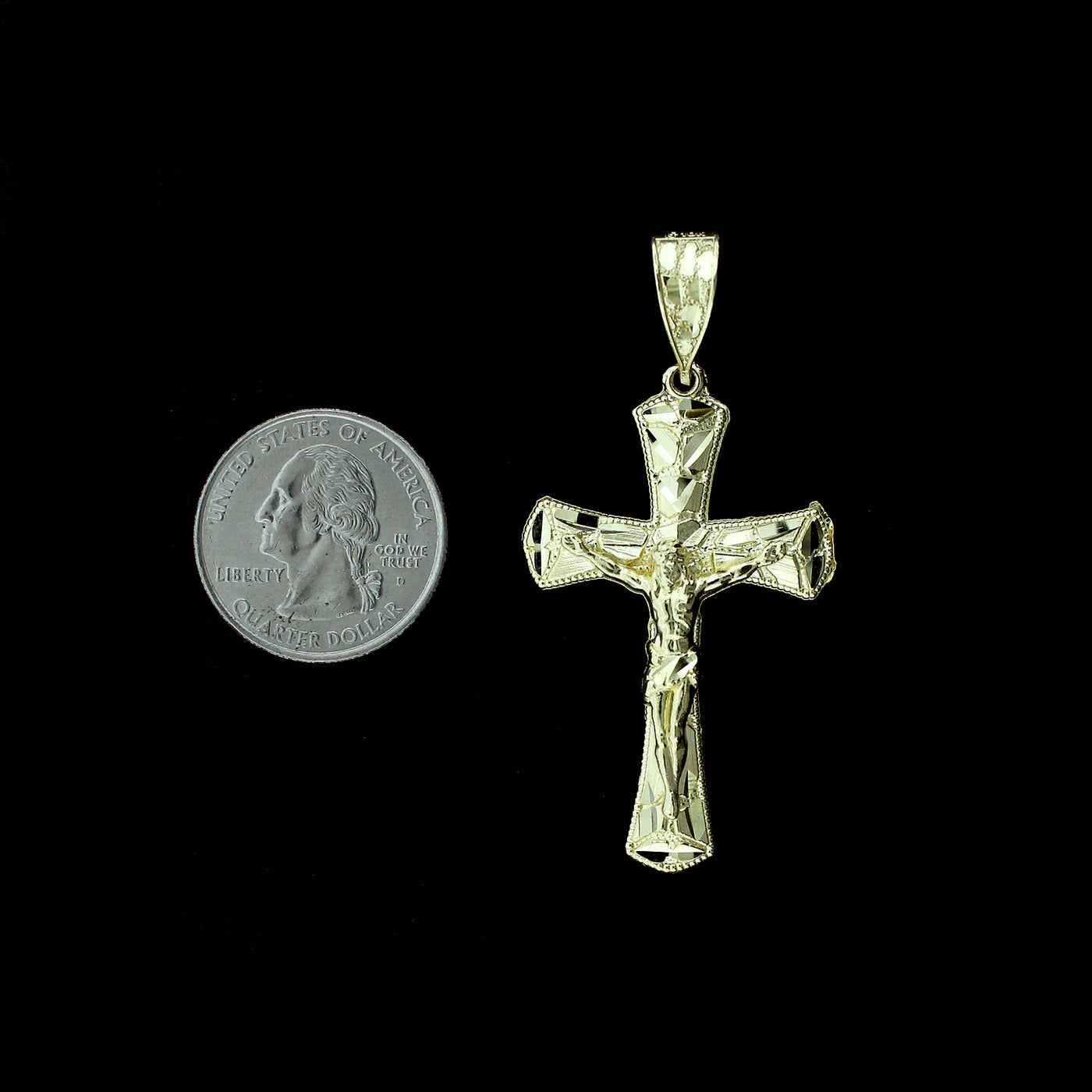Real 10K Yellow Gold Nugget Cross Pendant Large Diamond Cut Jesus Crucifix Charm