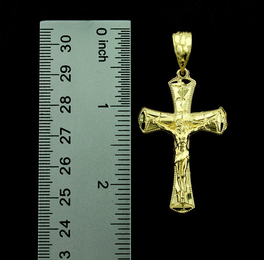Real 10K Yellow Gold Nugget Cross Pendant Large Diamond Cut Jesus Crucifix Charm