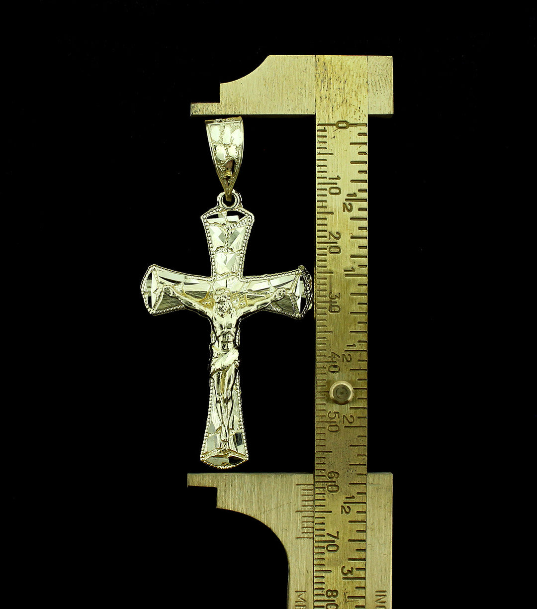 Real 10K Yellow Gold Nugget Cross Pendant Large Diamond Cut Jesus Crucifix Charm