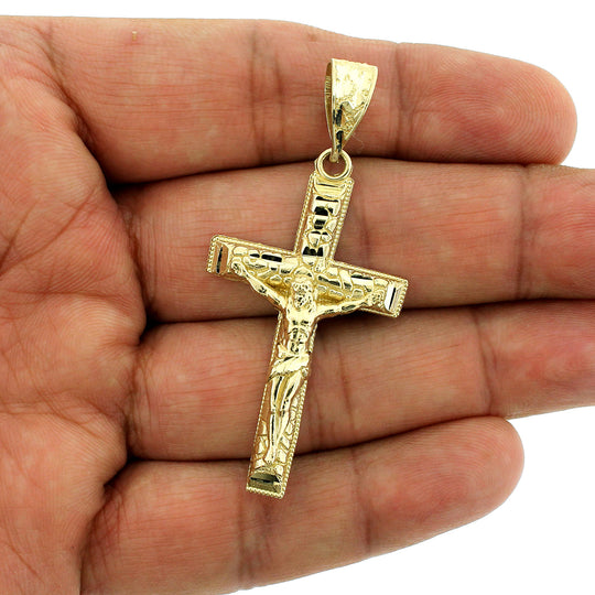 10K Yellow Gold Mens Nugget Cross Pendant Large Diamond Cut Jesus Crucifix Charm