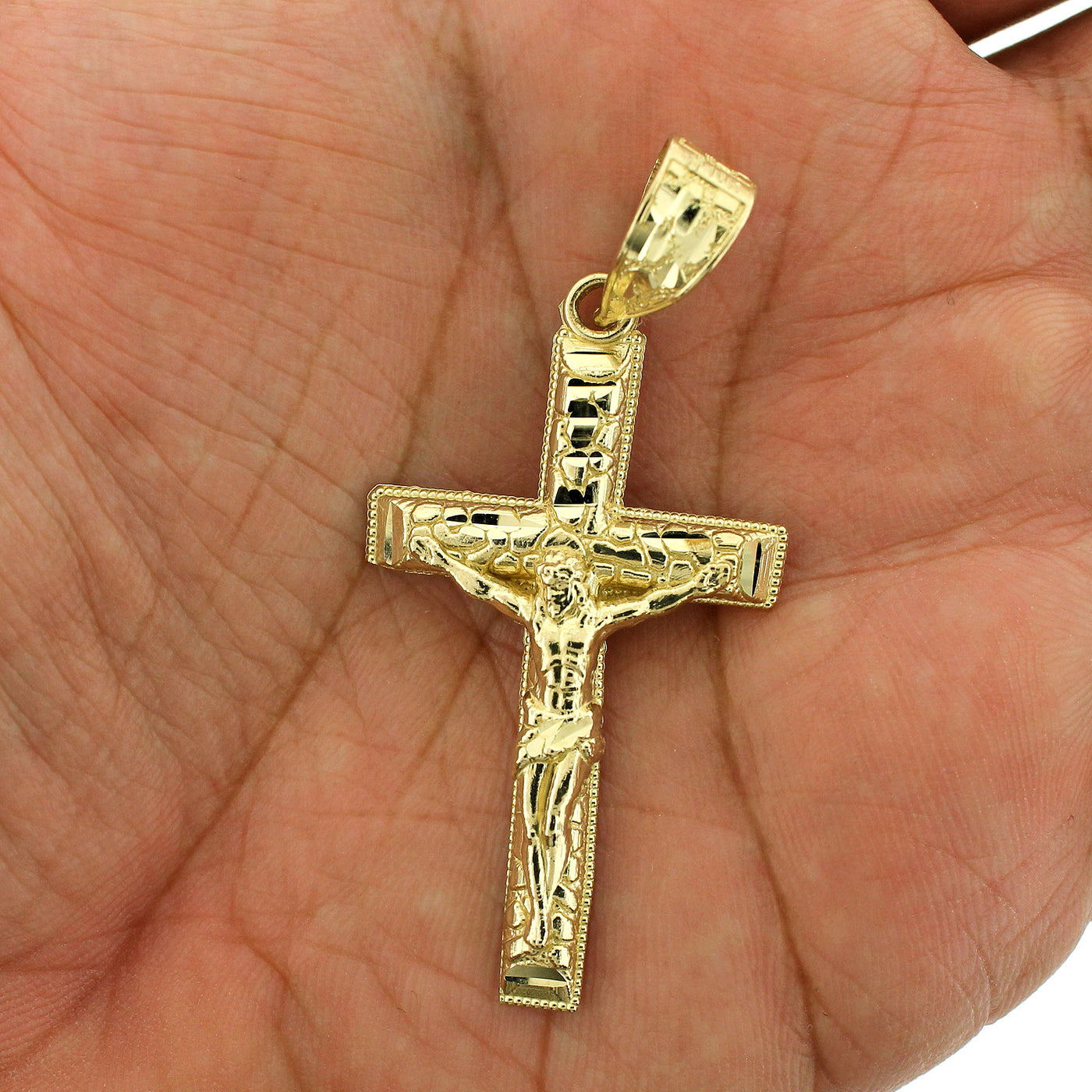 10K Yellow Gold Mens Nugget Cross Pendant Large Diamond Cut Jesus Crucifix Charm