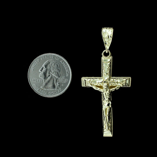 10K Yellow Gold Mens Nugget Cross Pendant Large Diamond Cut Jesus Crucifix Charm