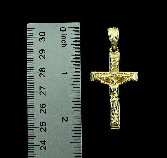 10K Yellow Gold Mens Nugget Cross Pendant Large Diamond Cut Jesus Crucifix Charm
