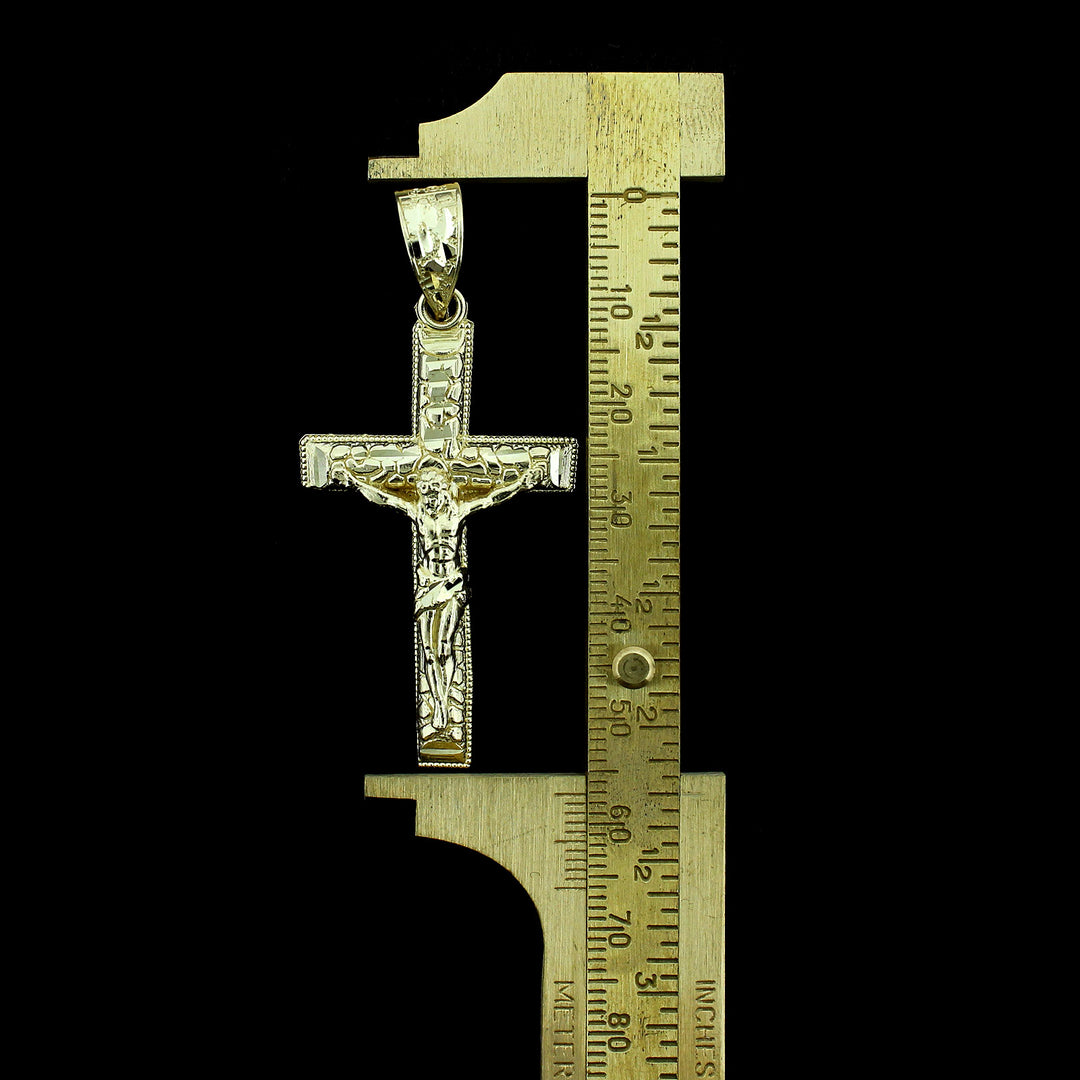 10K Yellow Gold Mens Nugget Cross Pendant Large Diamond Cut Jesus Crucifix Charm