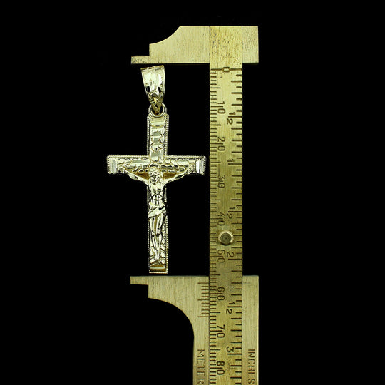 10K Yellow Gold Mens Nugget Cross Pendant Large Diamond Cut Jesus Crucifix Charm