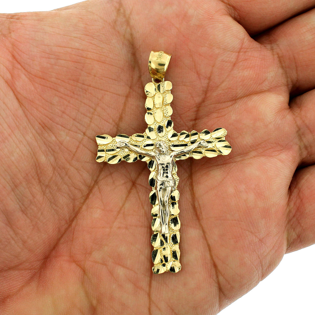 10K Yellow Gold Mens Nugget Cross Pendant Large Diamond Cut Jesus Crucifix Charm