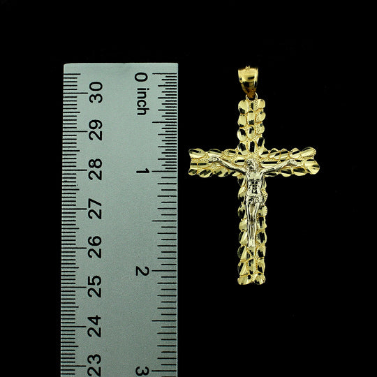 10K Yellow Gold Mens Nugget Cross Pendant Large Diamond Cut Jesus Crucifix Charm