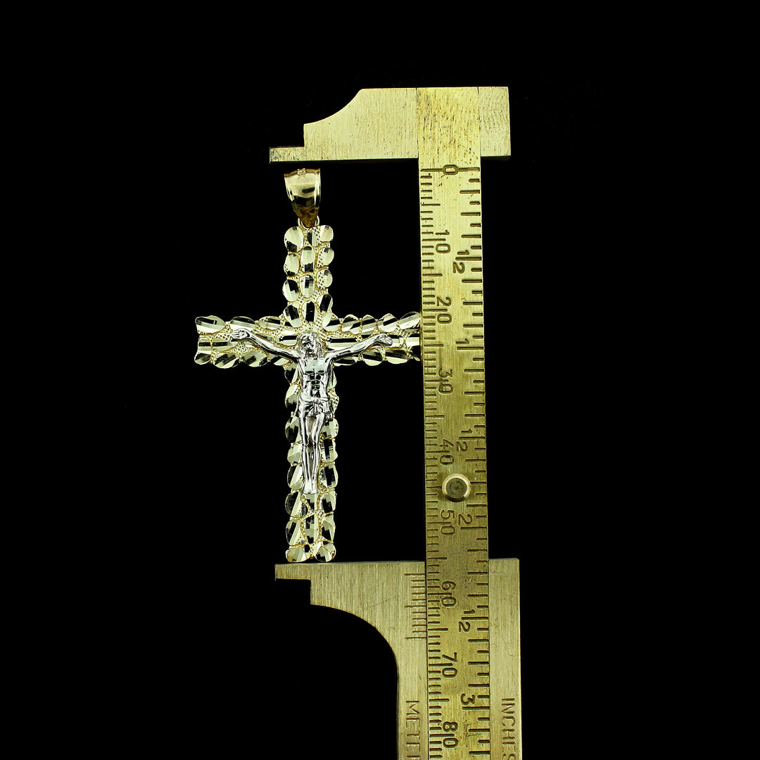 10K Yellow Gold Mens Nugget Cross Pendant Large Diamond Cut Jesus Crucifix Charm
