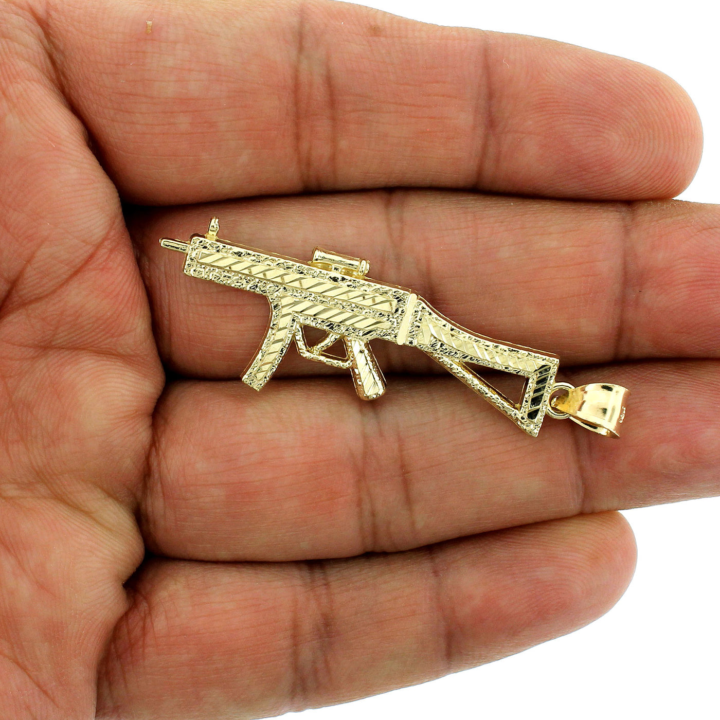 Mens 10K Yellow Gold Diamond Cut AK-47 Machine Gun Pendant, 10KT Real Gold Rifle