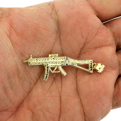 Mens 10K Yellow Gold Diamond Cut AK-47 Machine Gun Pendant, 10KT Real Gold Rifle