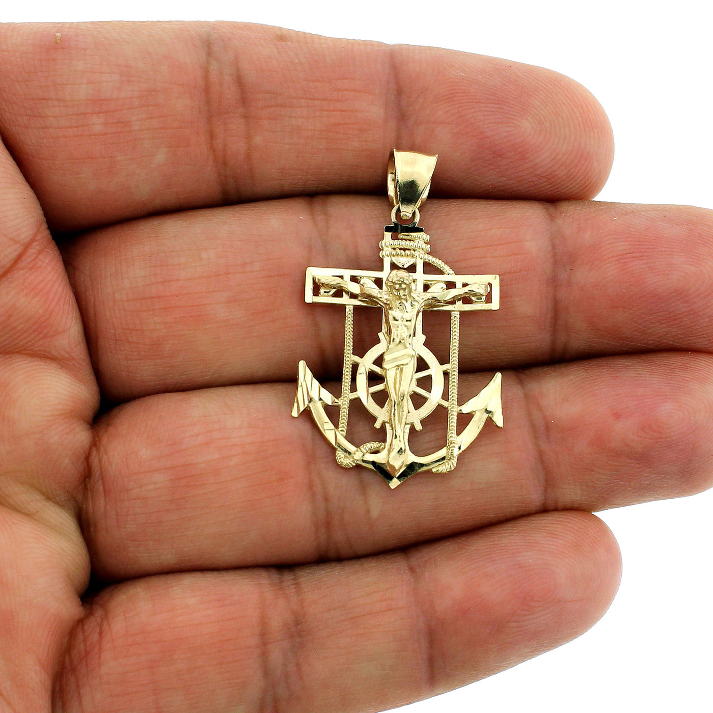 Mens 10K Gold Jesus Anchor Cross Charm Pendant With 2.5mm Rope Chain Necklace Set