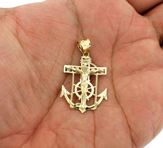 Mens Real 10K Yellow Gold Anchor Cross Pendant Diamond Cut Jesus Crucifix Charm