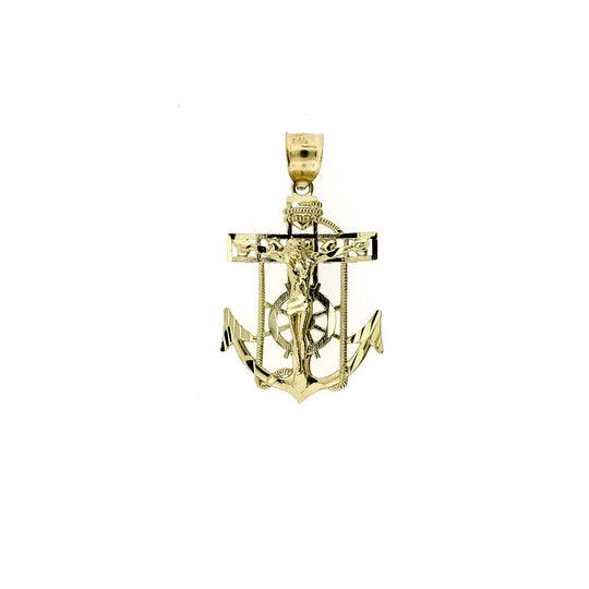 Mens Real 10K Yellow Gold Anchor Cross Pendant Diamond Cut Jesus Crucifix Charm