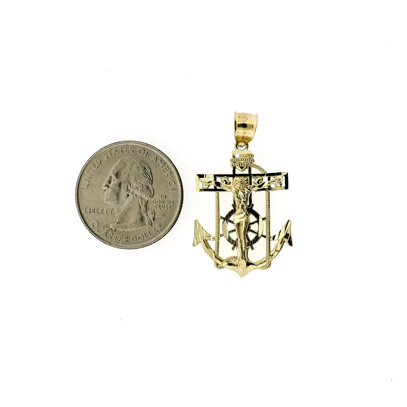 Mens Real 10K Yellow Gold Anchor Cross Pendant Diamond Cut Jesus Crucifix Charm
