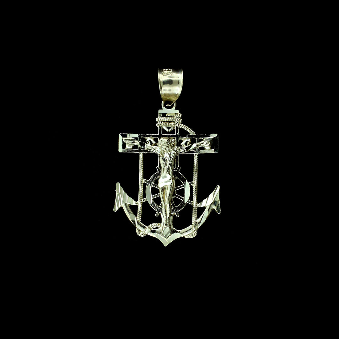 Mens Real 10K Yellow Gold Anchor Cross Pendant Diamond Cut Jesus Crucifix Charm