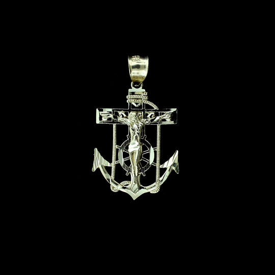 Mens Real 10K Yellow Gold Anchor Cross Pendant Diamond Cut Jesus Crucifix Charm