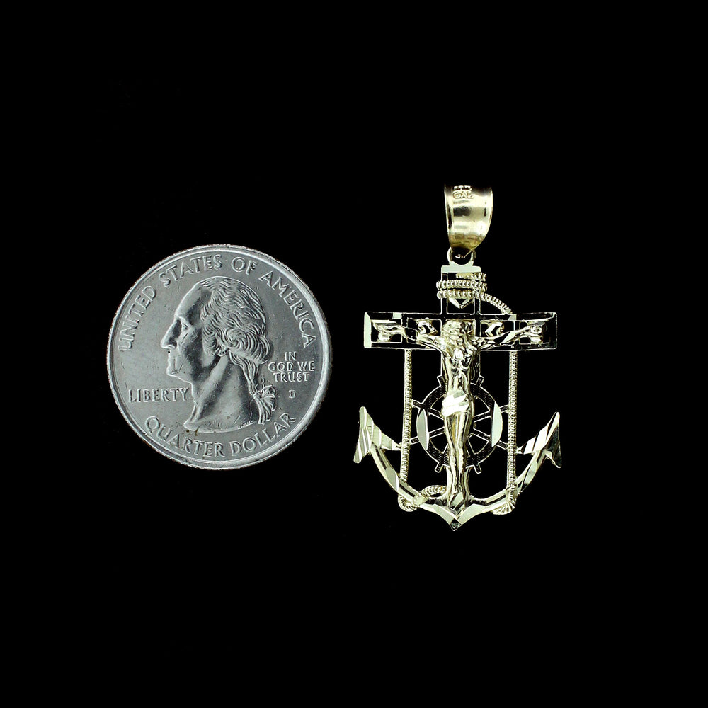 Mens Real 10K Yellow Gold Anchor Cross Pendant Diamond Cut Jesus Crucifix Charm