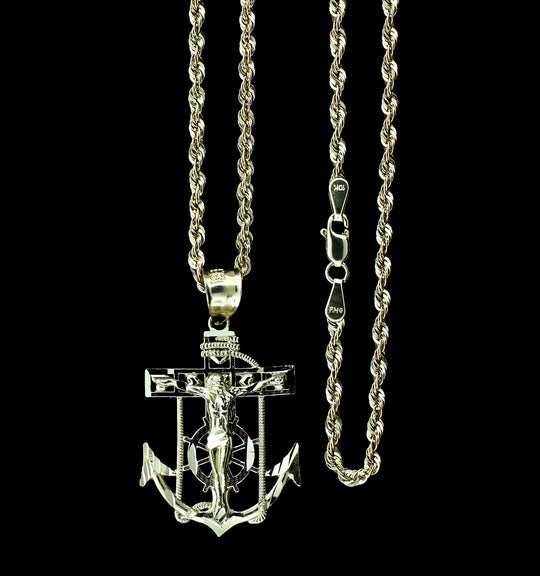 Mens 10K Gold Jesus Anchor Cross Charm Pendant With 2.5mm Rope Chain Necklace Set