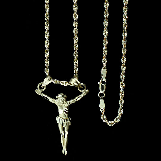 Mens Real 10K Yellow Gold Jesus Face Charm Pendant &amp; 2.5mm Rope Chain Necklace Set