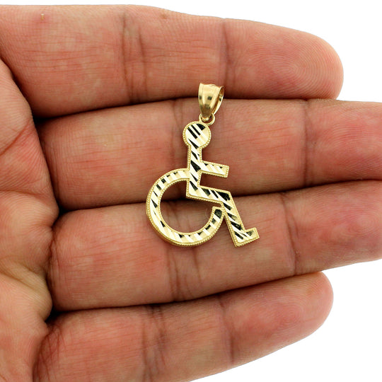 Real 10K Yellow Gold Diamond Cut Handicap Sign Wheelchair Charm Pendant