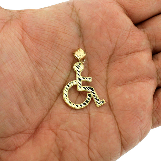 Real 10K Yellow Gold Diamond Cut Handicap Sign Wheelchair Charm Pendant