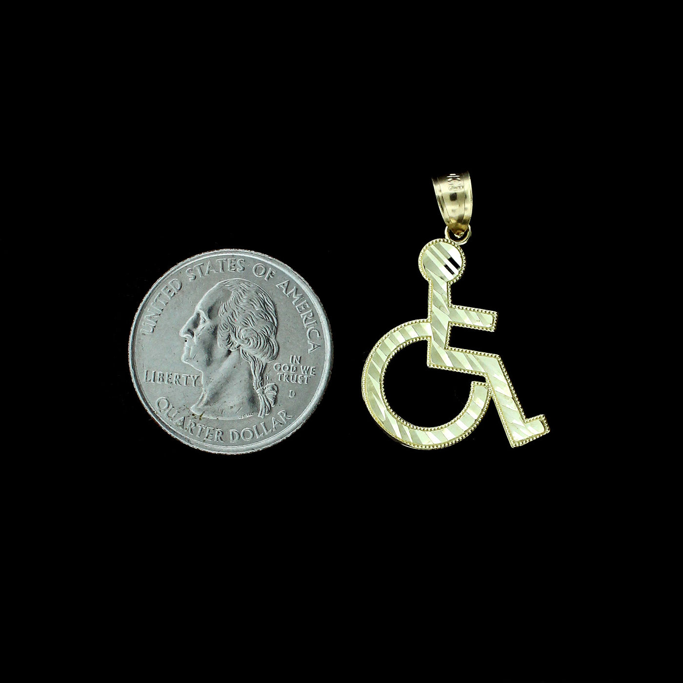 Real 10K Yellow Gold Diamond Cut Handicap Sign Wheelchair Charm Pendant