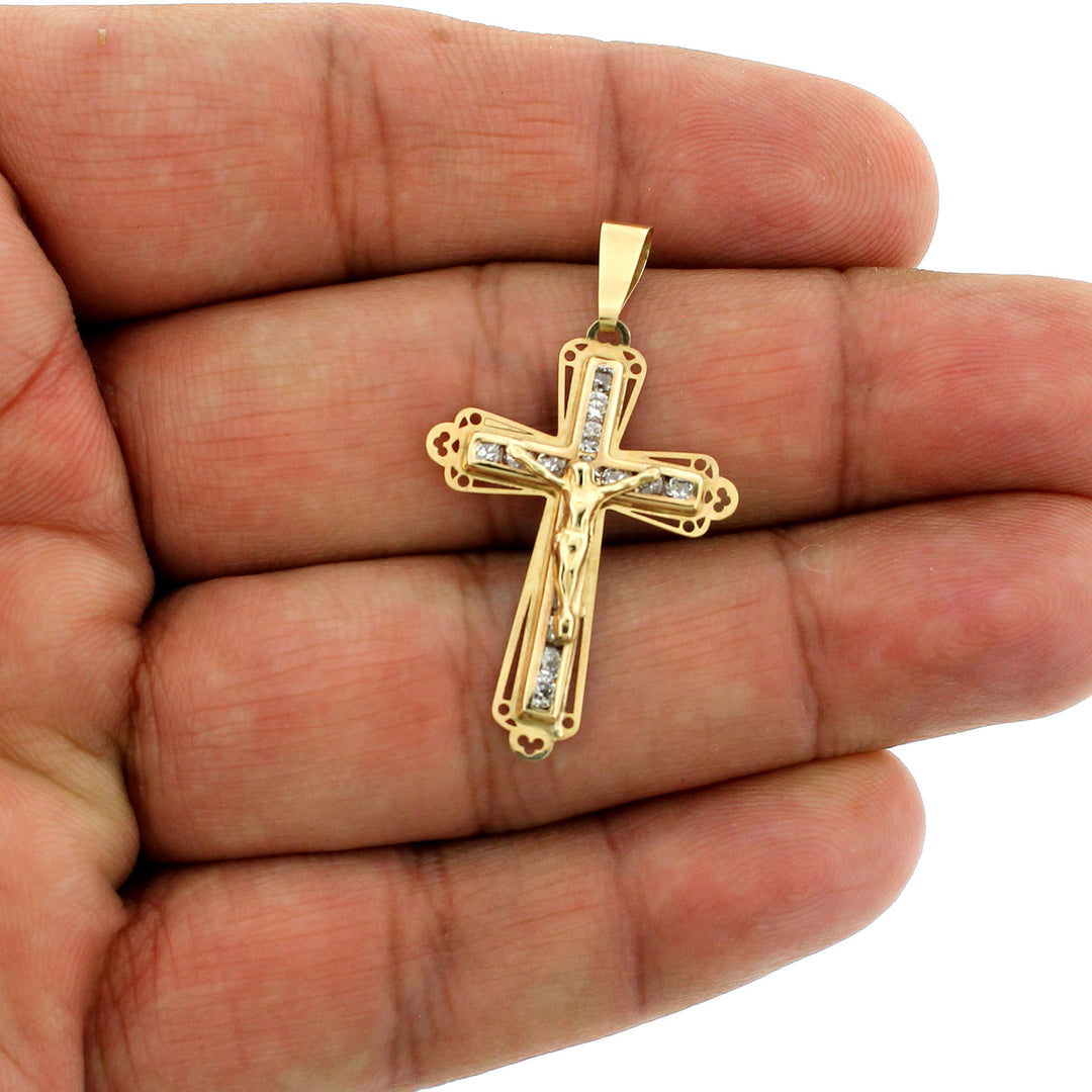 Mens Real 10K Yellow Gold Diamond Cut Jesus Crucifix Cross Charm Pendant