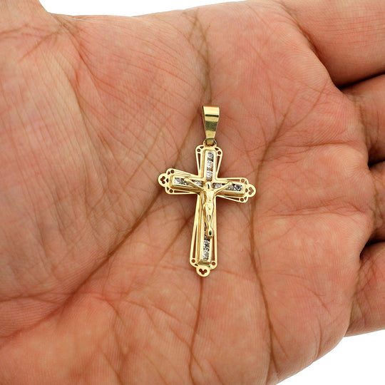 Mens Real 10K Yellow Gold Diamond Cut Jesus Crucifix Cross Charm Pendant