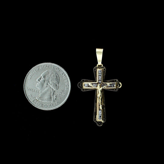 Mens Real 10K Yellow Gold Diamond Cut Jesus Crucifix Cross Charm Pendant