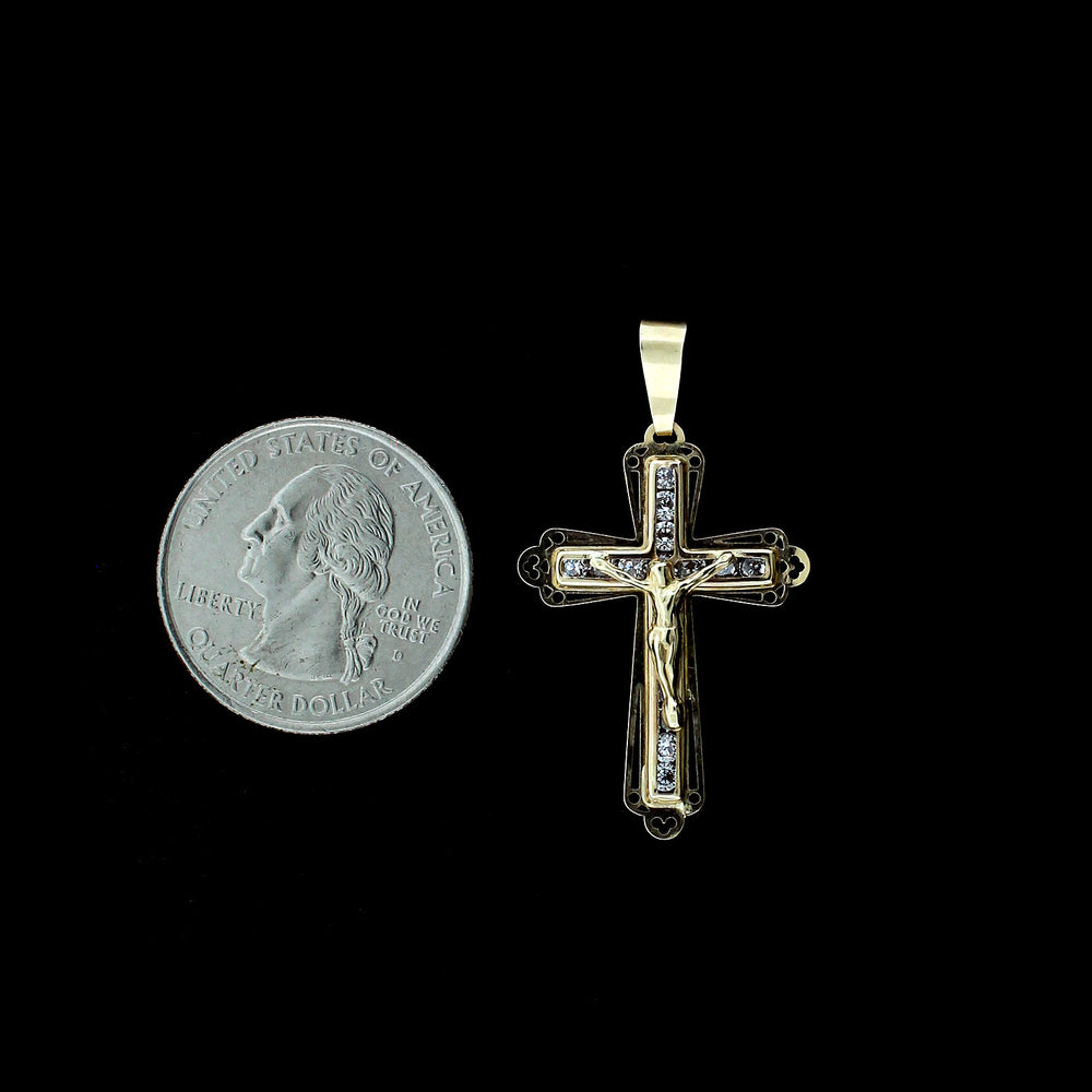 Real 10K Yellow Gold Diamond Cut Jesus Crucifix Cross Charm Pendant & 2.5MM Rope Chain Necklace Set