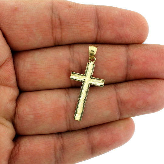 Real 10K Yellow Gold Diamond Cut Cross Pendant, 10KT Jesus Charm, Men Women