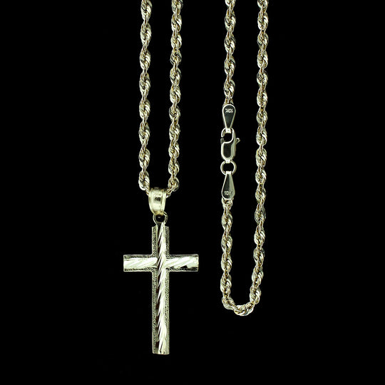 Mens Real 10K Yellow Gold Diamond Cut Cross Charm Pendant &amp; 2.5mm Rope Chain Necklace Set