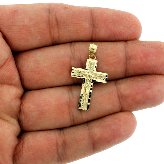 Mens Real 10K Yellow Gold Diamond Cut Jesus Crucifix Cross Charm Pendant