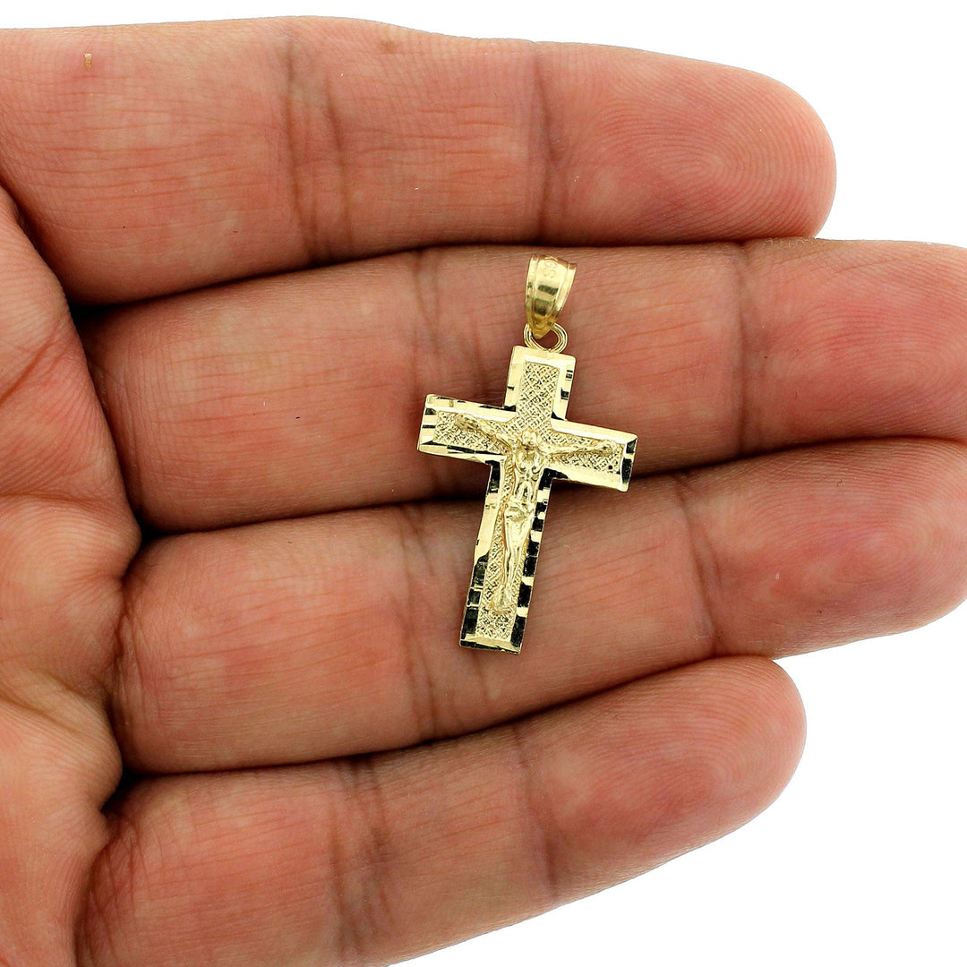 10K Yellow Gold Diamond Cut Jesus Crucifix Cross Pendant, 10KT Real Gold