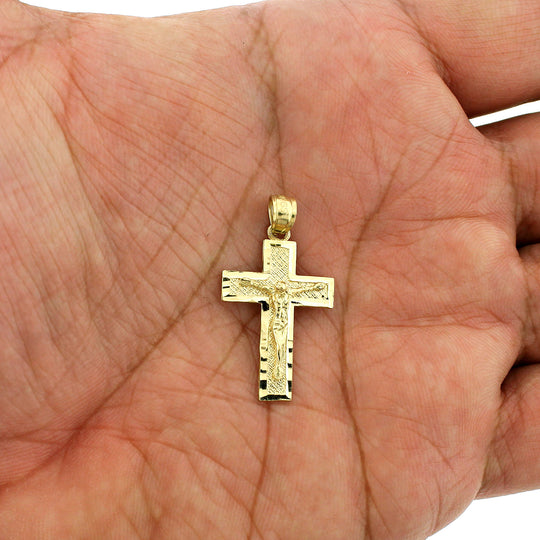 Mens Real 10K Yellow Gold Diamond Cut Jesus Crucifix Cross Charm Pendant
