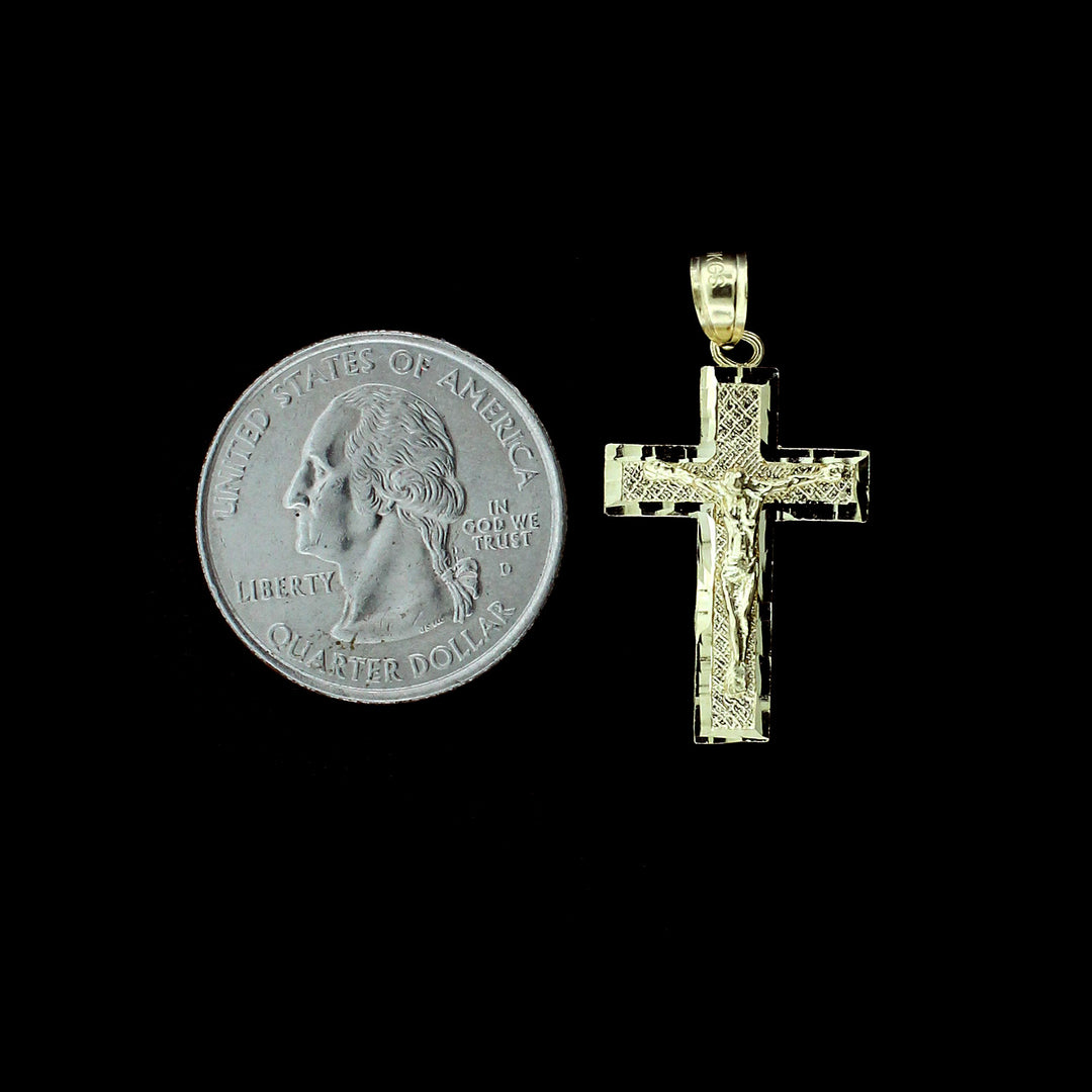 Real 10K Yellow Gold Diamond Cut Jesus Crucifix Cross Charm Pendant &amp; 2.5MM Rope Chain Necklace Set