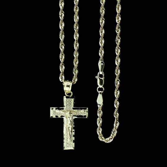 Real 10K Yellow Gold Diamond Cut Jesus Crucifix Cross Charm Pendant &amp; 2.5MM Rope Chain Necklace Set