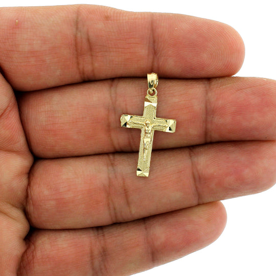 10K Yellow Gold Diamond Cut Jesus Crucifix Cross Charm Pendant &amp; Rope Chain Necklace Set