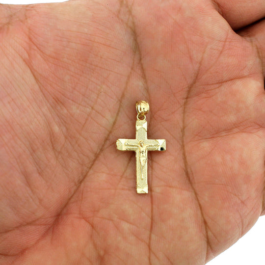 Mens Real 10K Yellow Gold Diamond Cut Jesus Crucifix Cross Charm Pendant