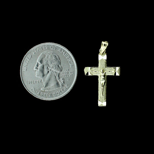 10K Yellow Gold Diamond Cut Jesus Crucifix Cross Charm Pendant &amp; Rope Chain Necklace Set