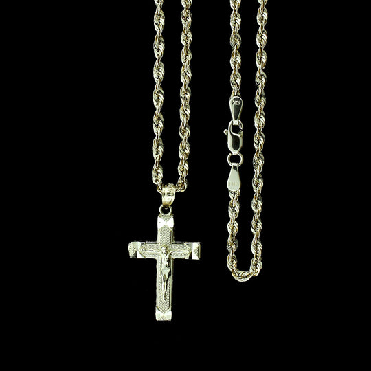 10K Yellow Gold Diamond Cut Jesus Crucifix Cross Charm Pendant &amp; Rope Chain Necklace Set
