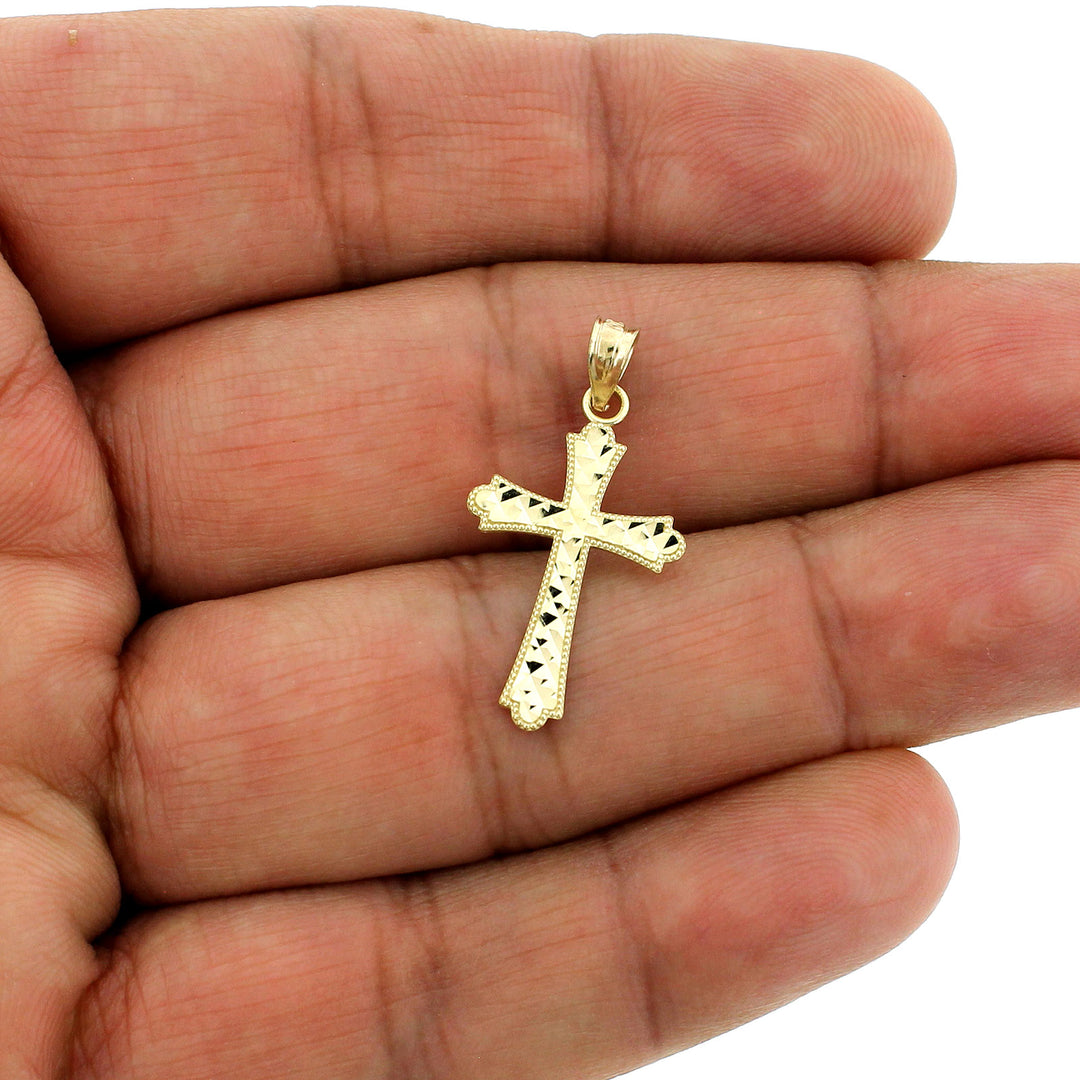 Mens Real 10K Yellow Gold Diamond Cut Cross Charm Pendant &amp; 2mm Rope Chain