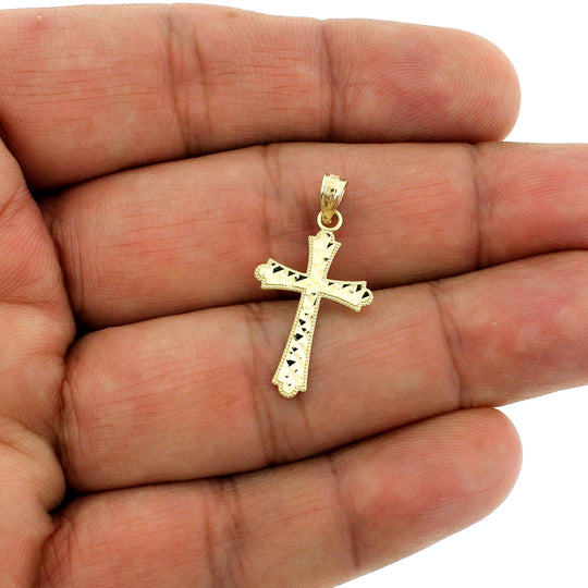 Mens Real 10K Yellow Gold Diamond Cut Cross Charm Pendant &amp; 2mm Rope Chain
