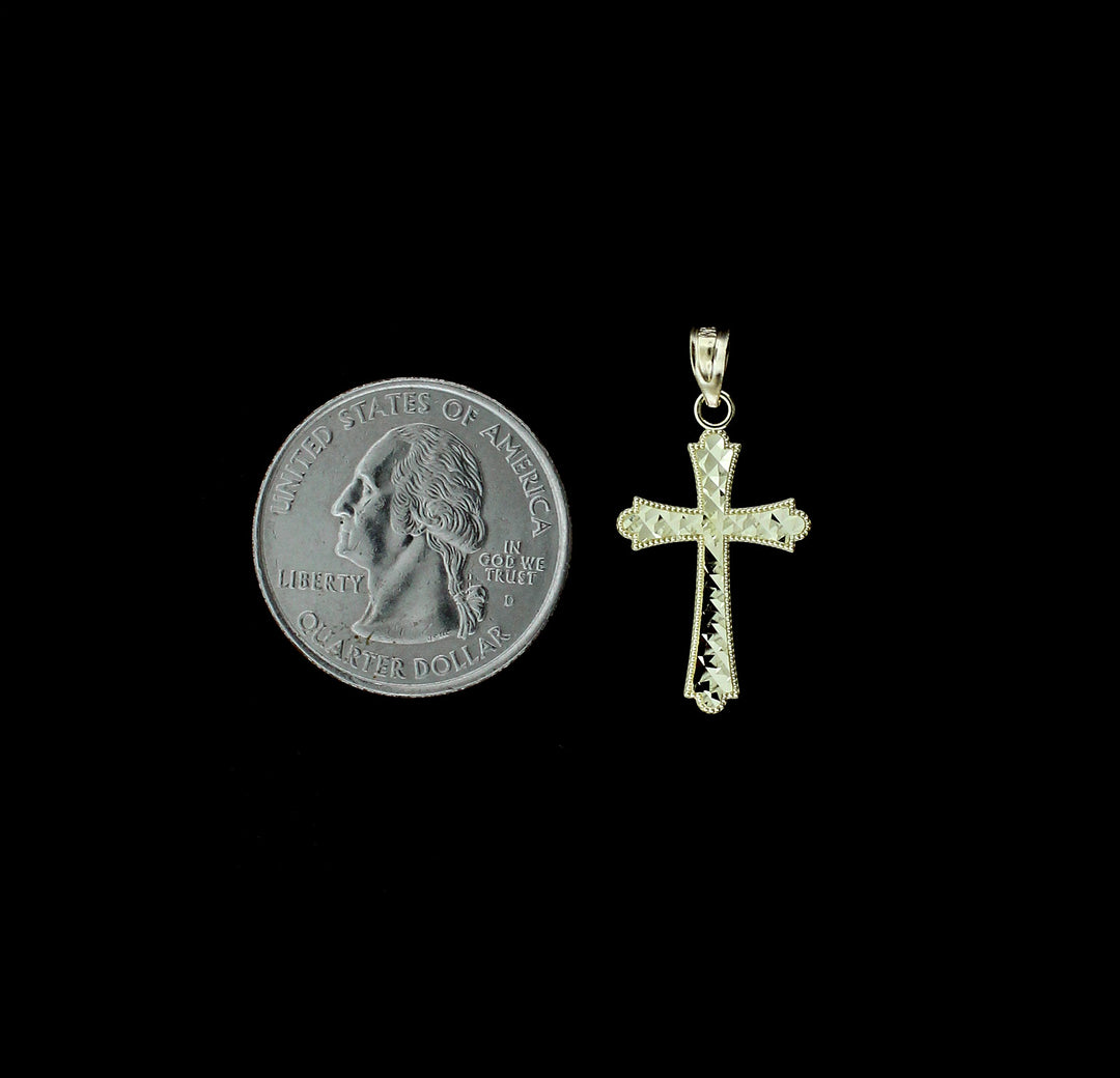 Mens Real 10K Yellow Gold Diamond Cut Cross Charm Pendant &amp; 2mm Rope Chain