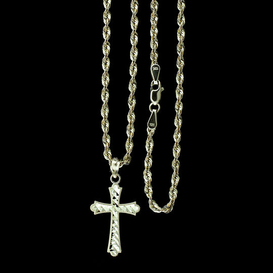 Mens Real 10K Yellow Gold Diamond Cut Cross Charm Pendant &amp; 2mm Rope Chain