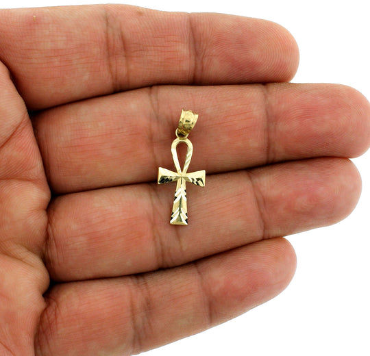 Real 10K Yellow Gold Diamond Cut Egyptian Ankh Cross Pendant &amp; 2mm Rope Chain Necklace Set