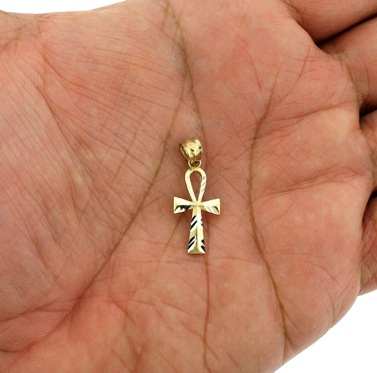 Real 10K Yellow Gold Small Diamond Cut Egyptian Ankh Cross Charm Pendant